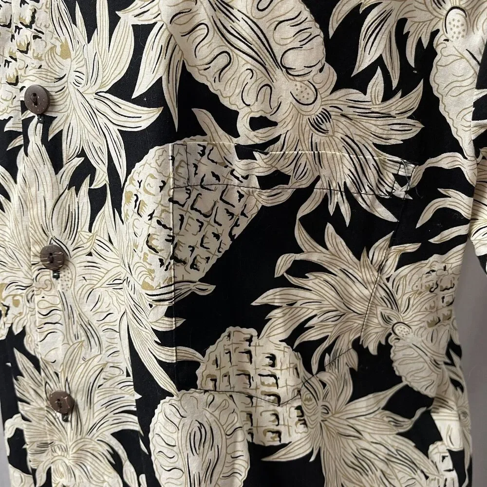 Hilo Hattie Men’s Hawaiian Tiki Shirt Pineapple Black Cream Gold Sz Large